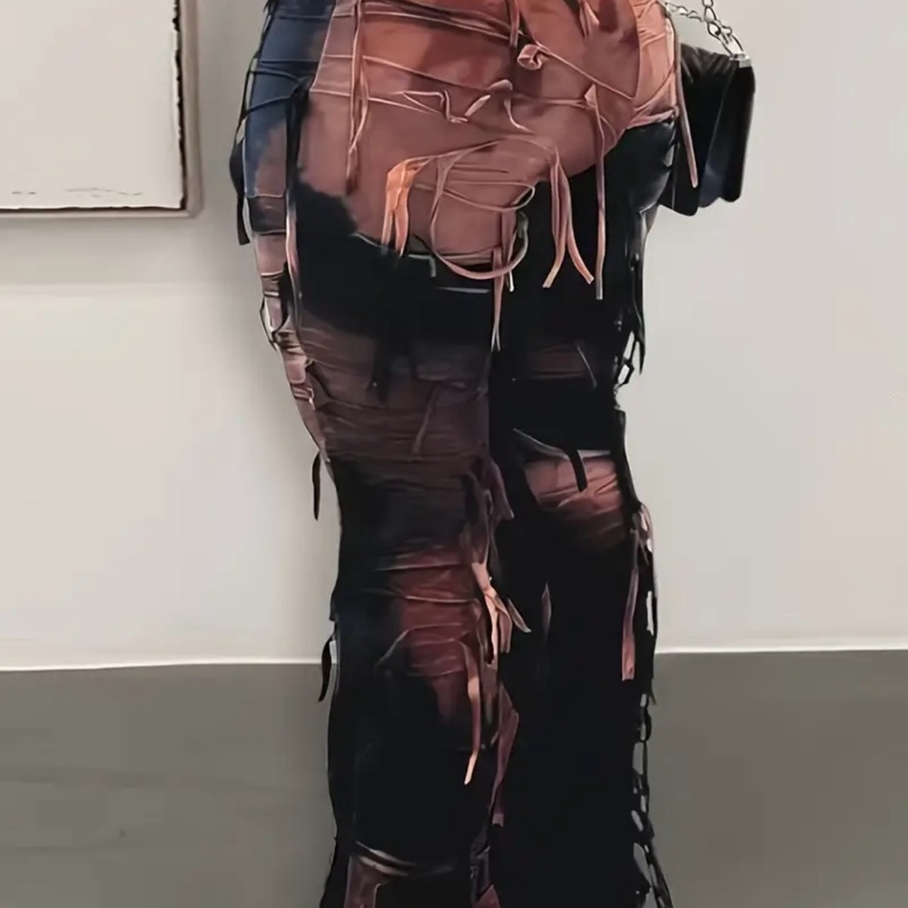 High Waist Stretchy Semi-Sheer Mesh Flare Pants - Tie-Dye with Fringe Detail